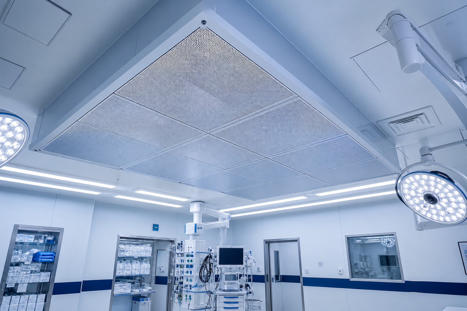 Operating theatre ceiling showing a UCV laminar flow canopy with surgical lights