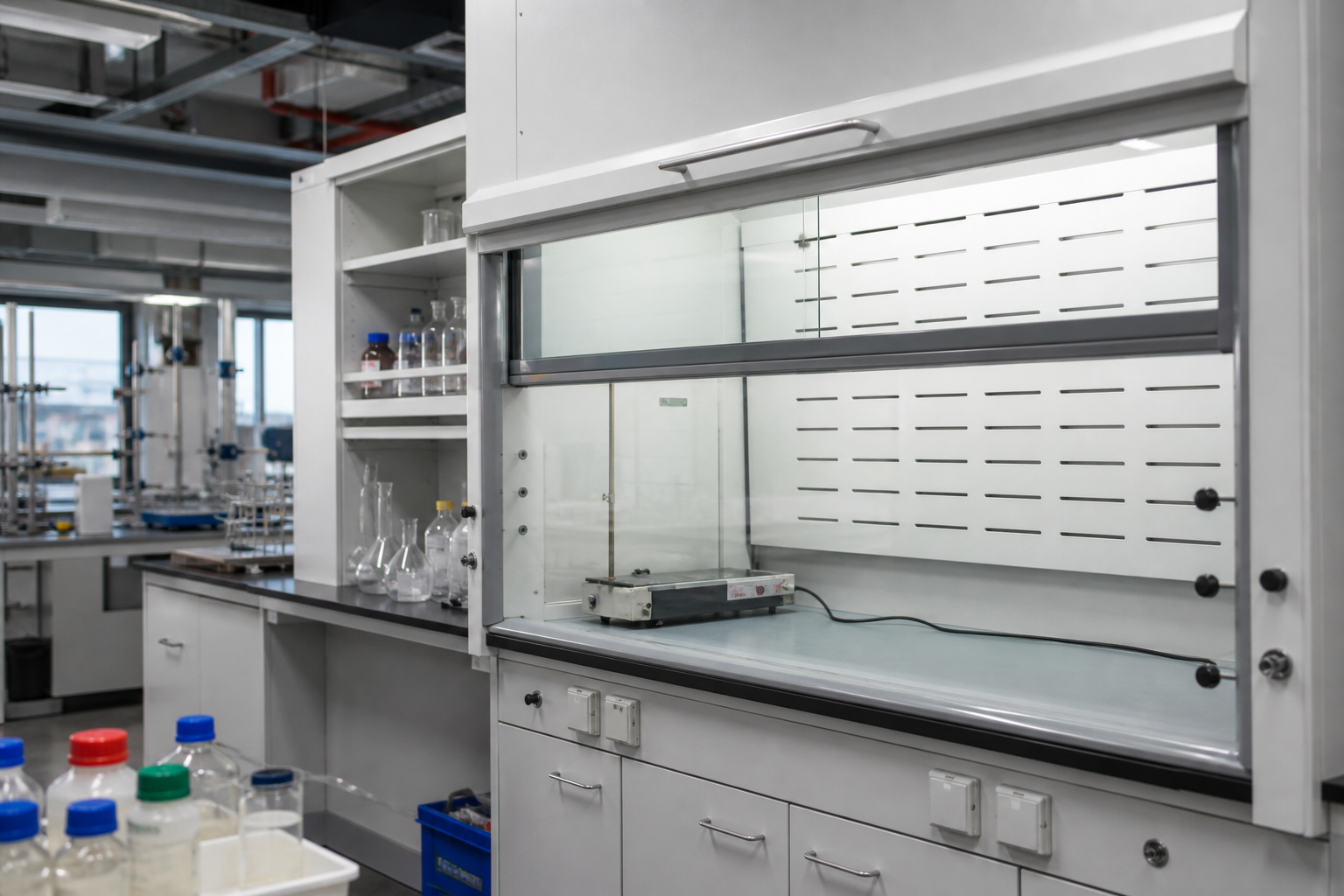 Laboratory fume cupboard with sash partially open, glassware and chemicals on the bench