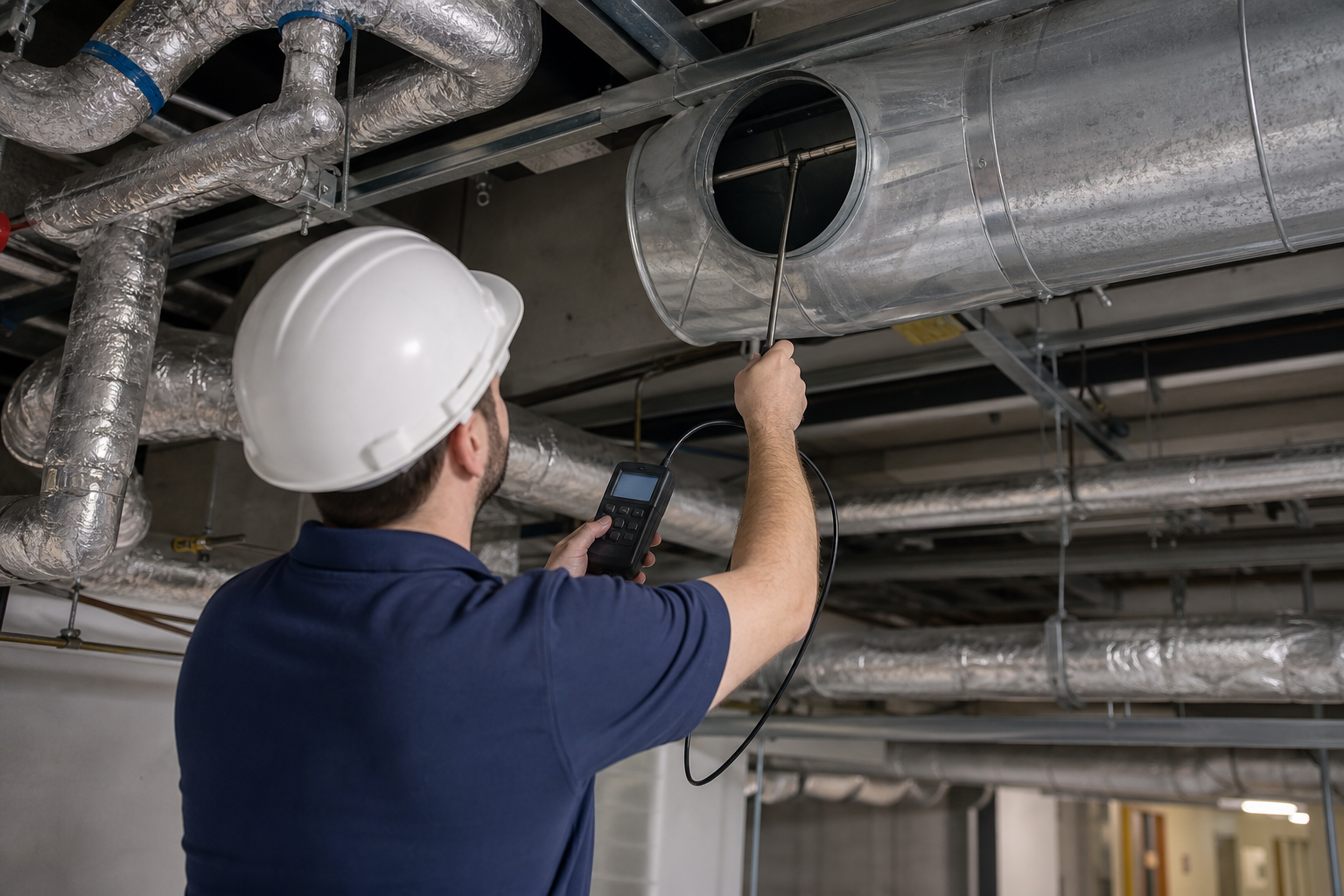 Ventilation testing engineer measuring airflow in ductwork with digital manometer